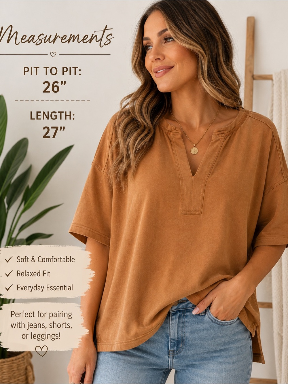Umgee Relaxed V-Notch Short Sleeve Top in Caramel Brown